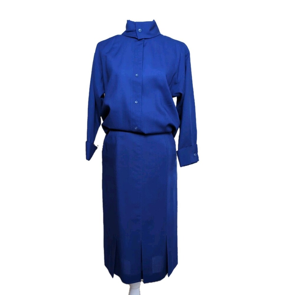 Vintage Omanti Wool Shirt & Lined Skirt Blue Sz 4 Classic Style
